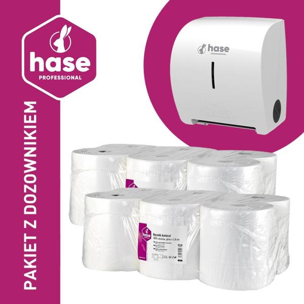Hase PAKIET autocut ręcznik 2W, 140m biały celuloza, 12 sztuk + dozownik